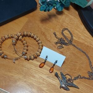 Boho Lot Wood Hoop Earrings 32" Bird Necklace